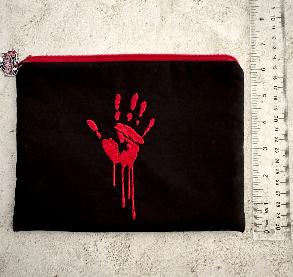 Bloody Handprint Embroidered Zipper Pouch β Horror Lover Cosmetic Bag & True Crime Gift