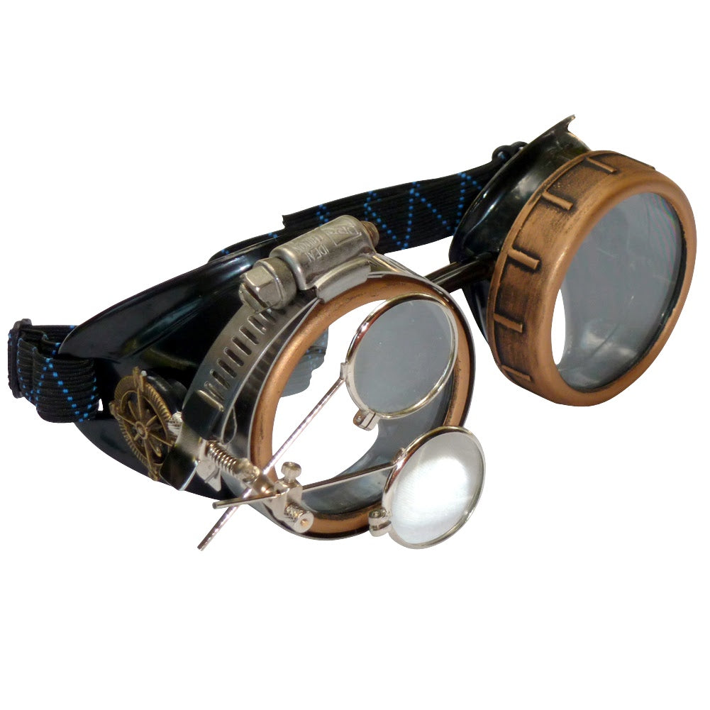 Handmade Victorian Steampunk Goggles with Loupe - blue, red, purple, black, clear, green, light blue lenses
