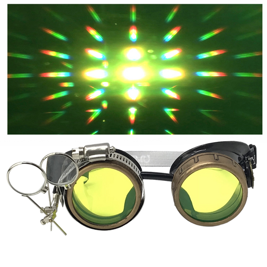 Handmade Steampunk Goggles with Loupe – Diffraction Lenses - neon pink, light blue, lime green, orange, and clear