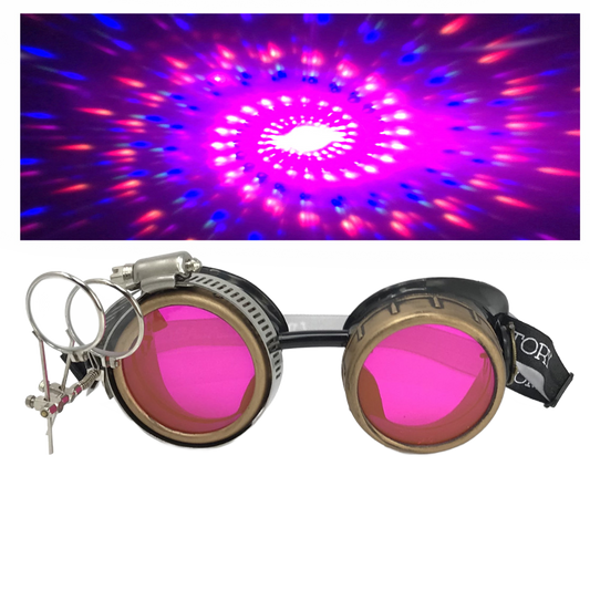Handmade Steampunk Goggles with Loupe – Diffraction Lenses -neon pink, lime green, orange, and clear lenses