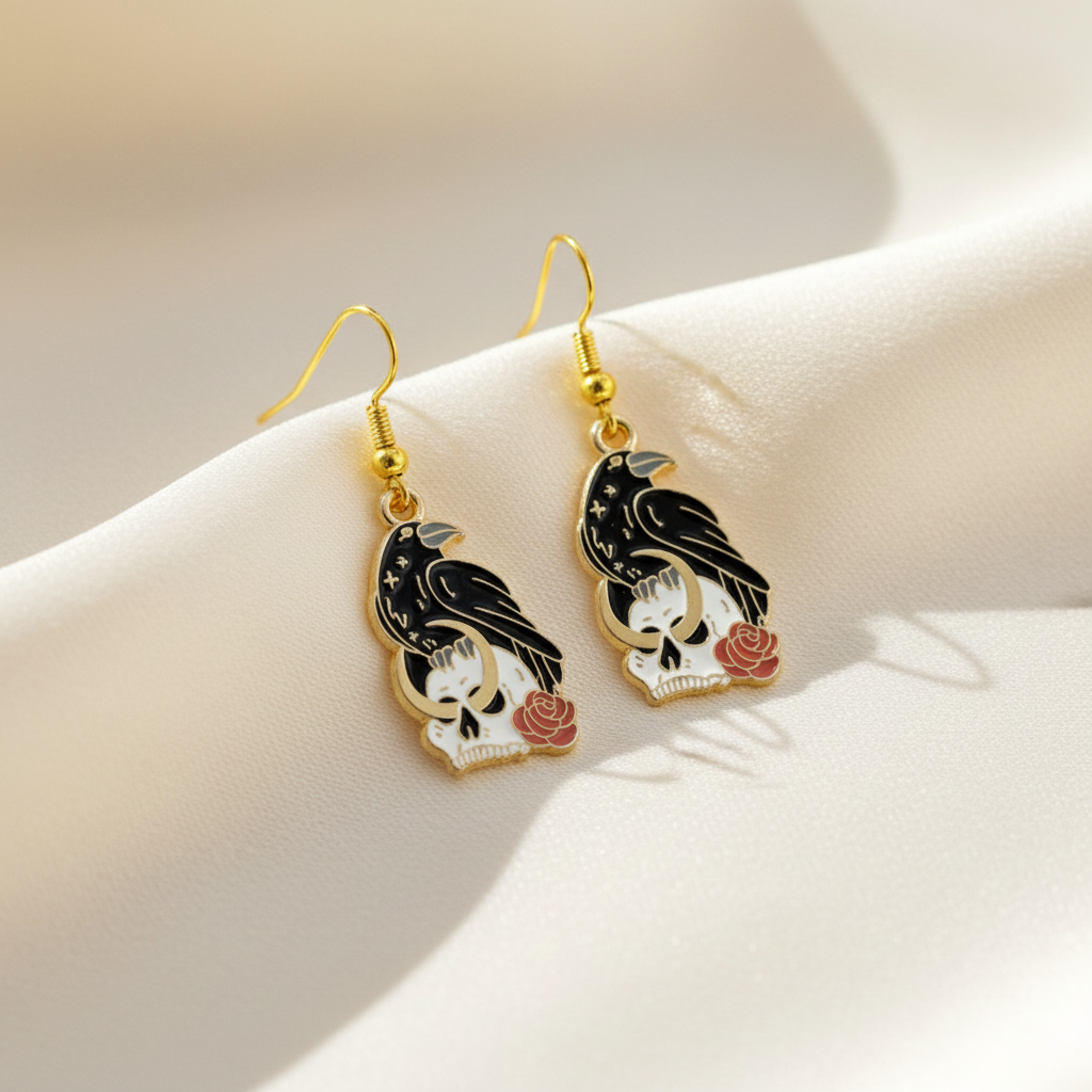 Black Crow Vanitas Gold Enamel Earrings