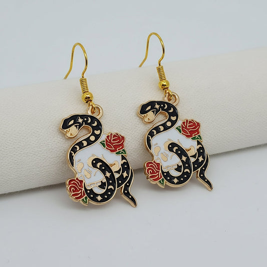 Snake Skull and Rose Gold Enamel Earrings