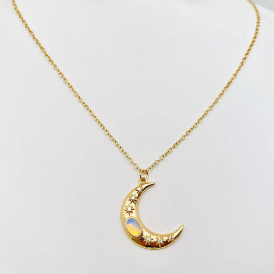 Golden Star Moon Inlaid Opal Pendant Necklace