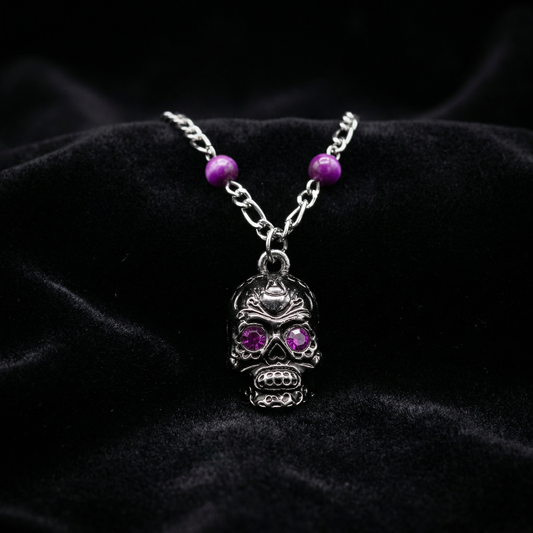 Sourpuss Silver Skull Pendant Necklace | Sugar Skull with Rhinestone Eyes