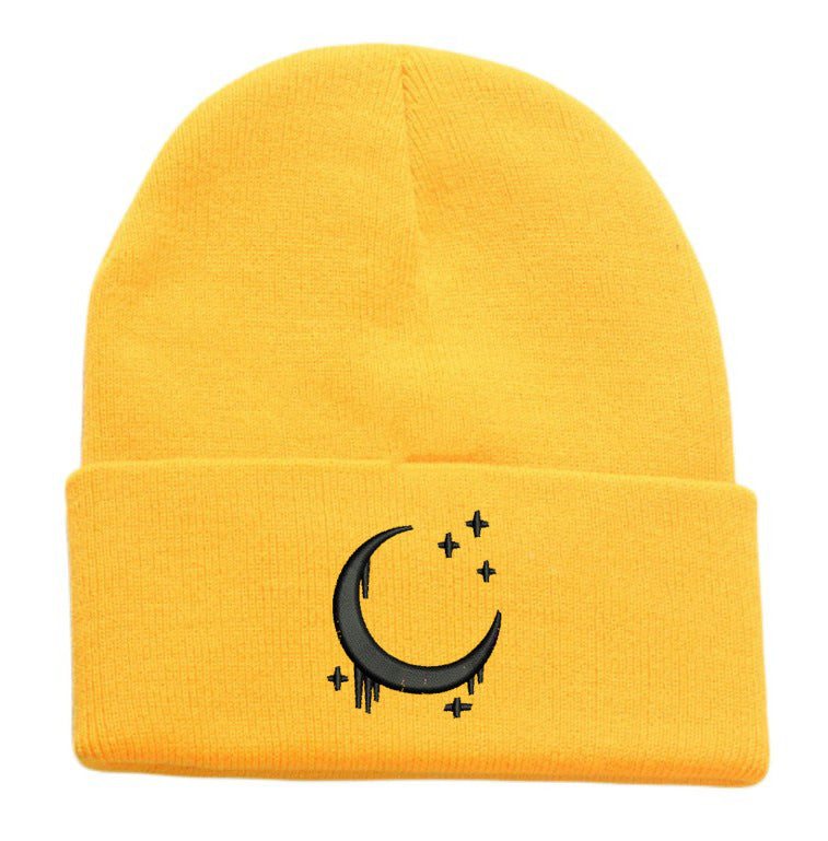 Embroidered Moon & Stars Knit Beanie Hat - Shadow Threadz Crypt