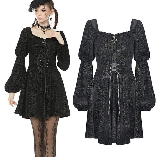 Velvet Nocturne Puff-Sleeve Dress front view