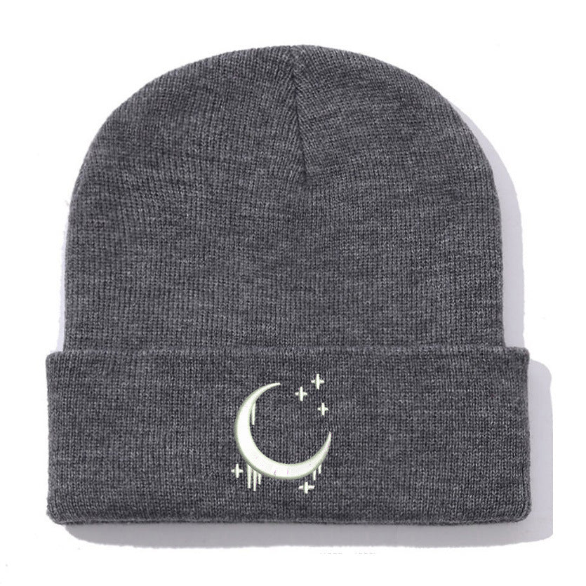 Embroidered Moon & Stars Knit Beanie Hat - Shadow Threadz Crypt