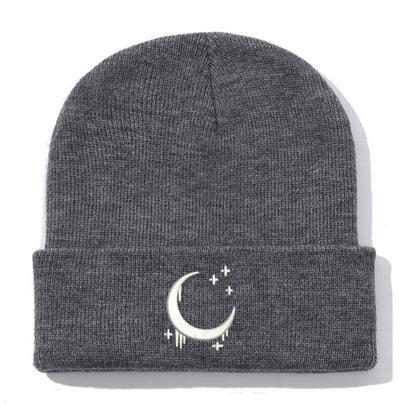 Embroidered Moon & Stars Knit Beanie Hat - Shadow Threadz Crypt