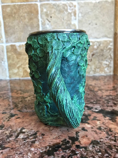 Dryad Mug, Green Hand Sculpted Resin I Stainless Steel Liner