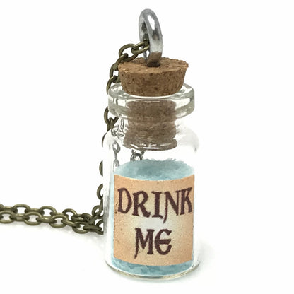 Drink Me Bottle Necklace Glass Vial Fantasy Jewelry Aqua Blue Rusty Glow in the Dark