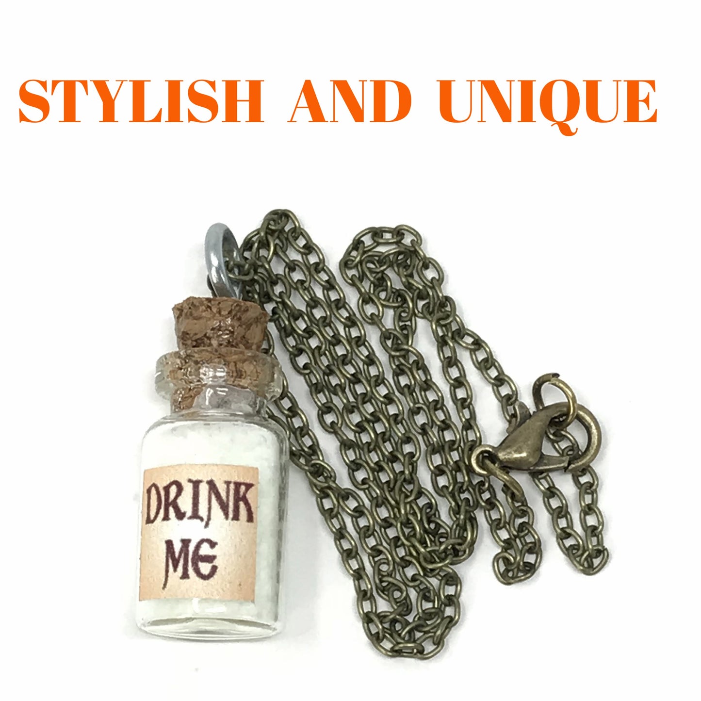 Drink Me Bottle Necklace Glass Vial Fantasy Jewelry Aqua Blue Rusty Glow in the Dark