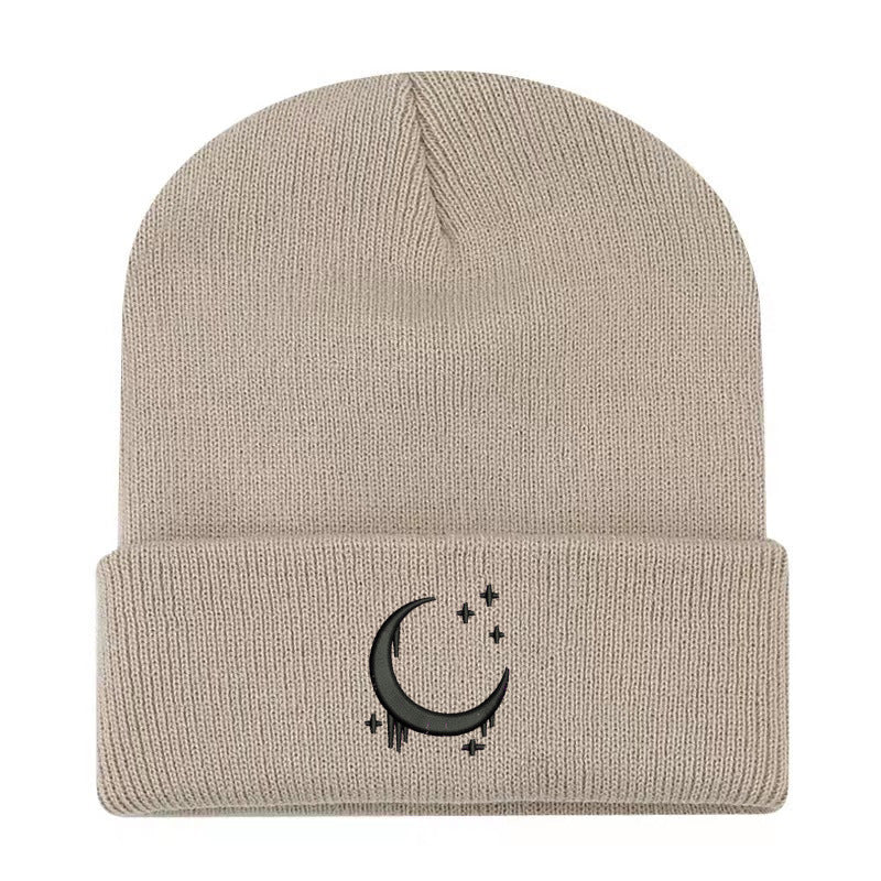 Embroidered Moon & Stars Knit Beanie Hat - Shadow Threadz Crypt