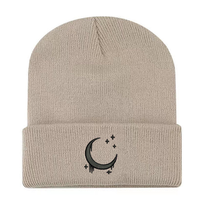 Embroidered Moon & Stars Knit Beanie Hat - Shadow Threadz Crypt