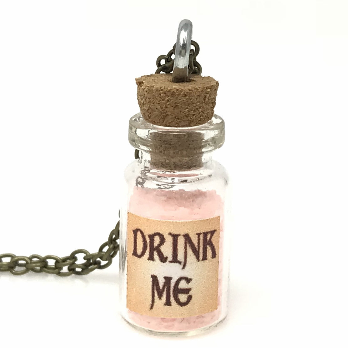 Drink Me Bottle Necklace Glass Vial Fantasy Jewelry Aqua Blue Rusty Glow in the Dark