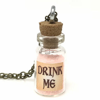 Drink Me Bottle Necklace Glass Vial Fantasy Jewelry Aqua Blue Rusty Glow in the Dark