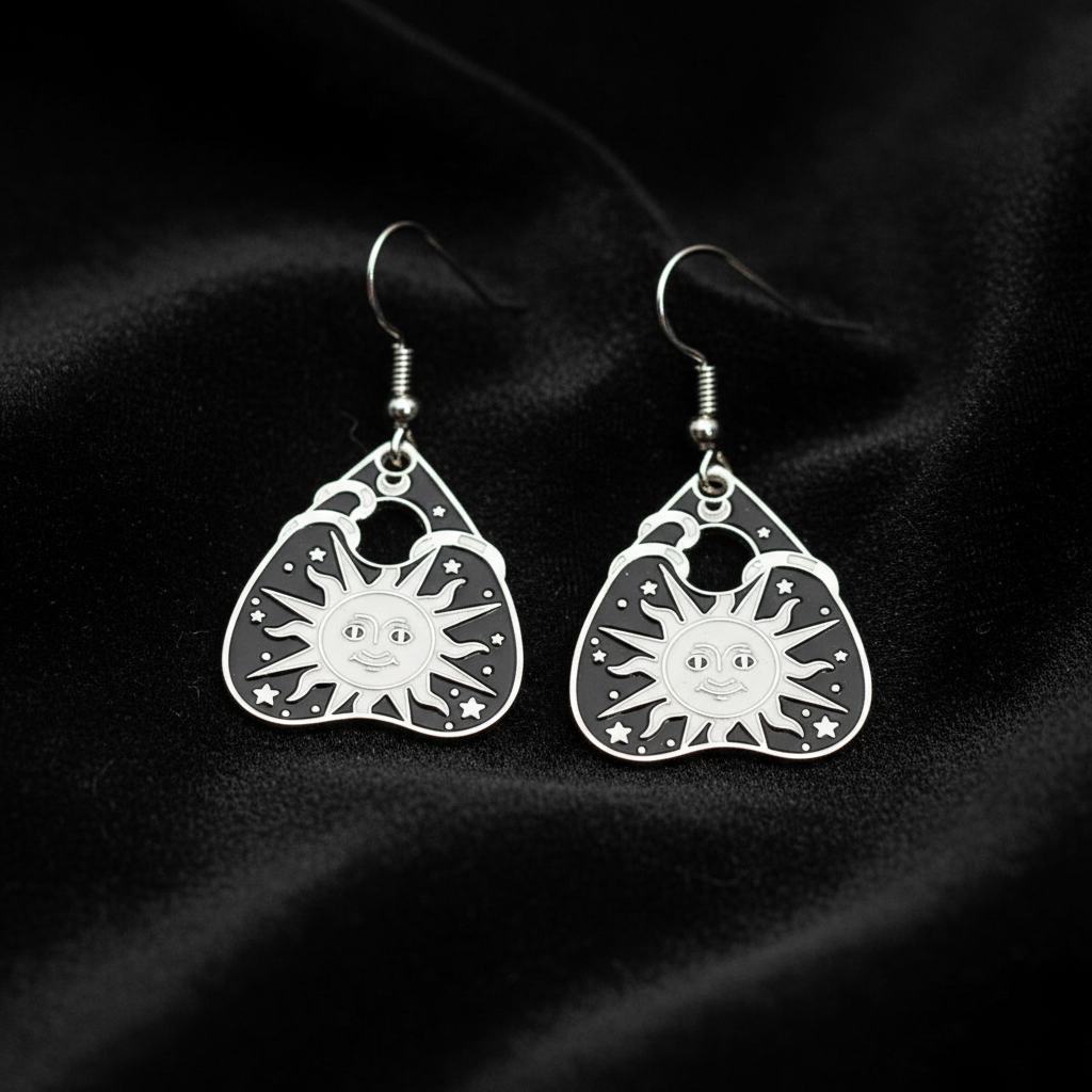 Ouija Planchette Silver Enamel Earrings