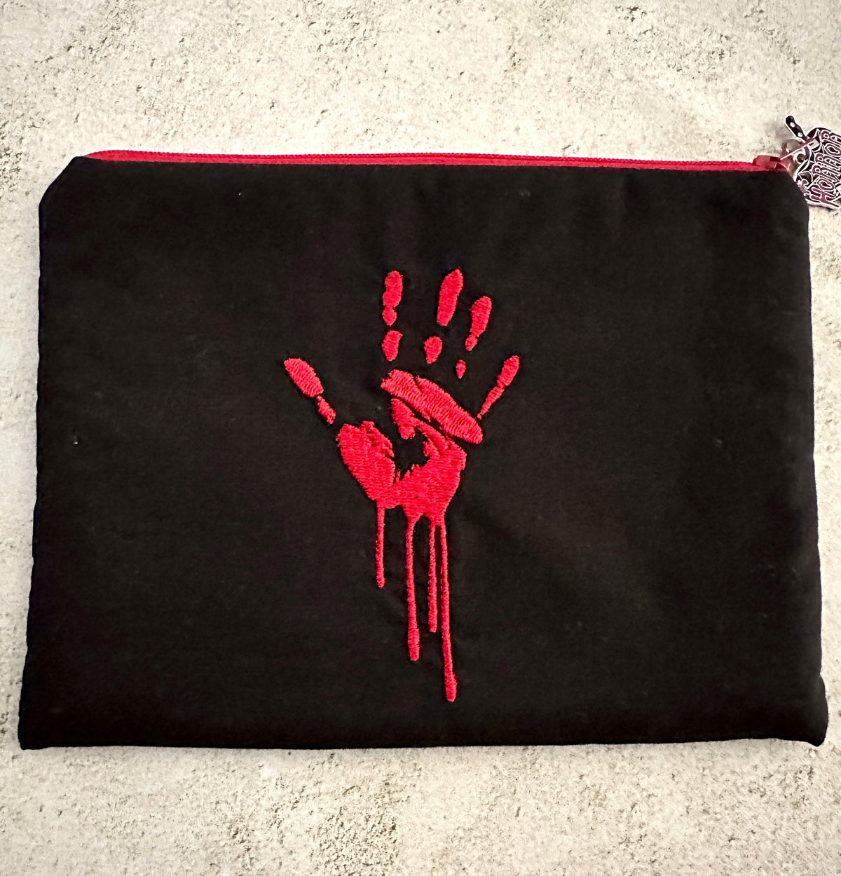 Bloody Handprint Embroidered Zipper Pouch – Horror Lover Cosmetic Bag & True Crime Gift