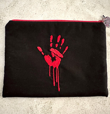 Bloody Handprint Embroidered Zipper Pouch – Horror Lover Cosmetic Bag & True Crime Gift