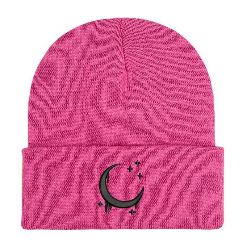 Embroidered Moon & Stars Knit Beanie Hat - Shadow Threadz Crypt