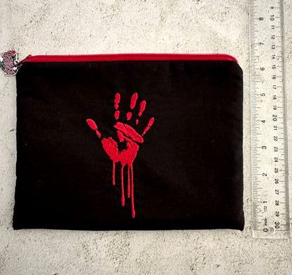 Bloody Handprint Embroidered Zipper Pouch – Horror Lover Cosmetic Bag & True Crime Gift