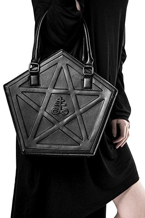 Pentagram-shaped Sigil of Shadows shoulder bag in black PU with embossing, featuring double straps and a zipper opening.