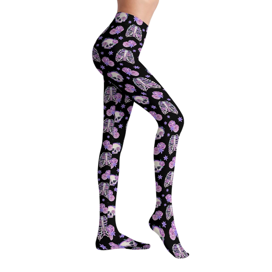 Pastel Goth Bones & Roses Stretch Tights