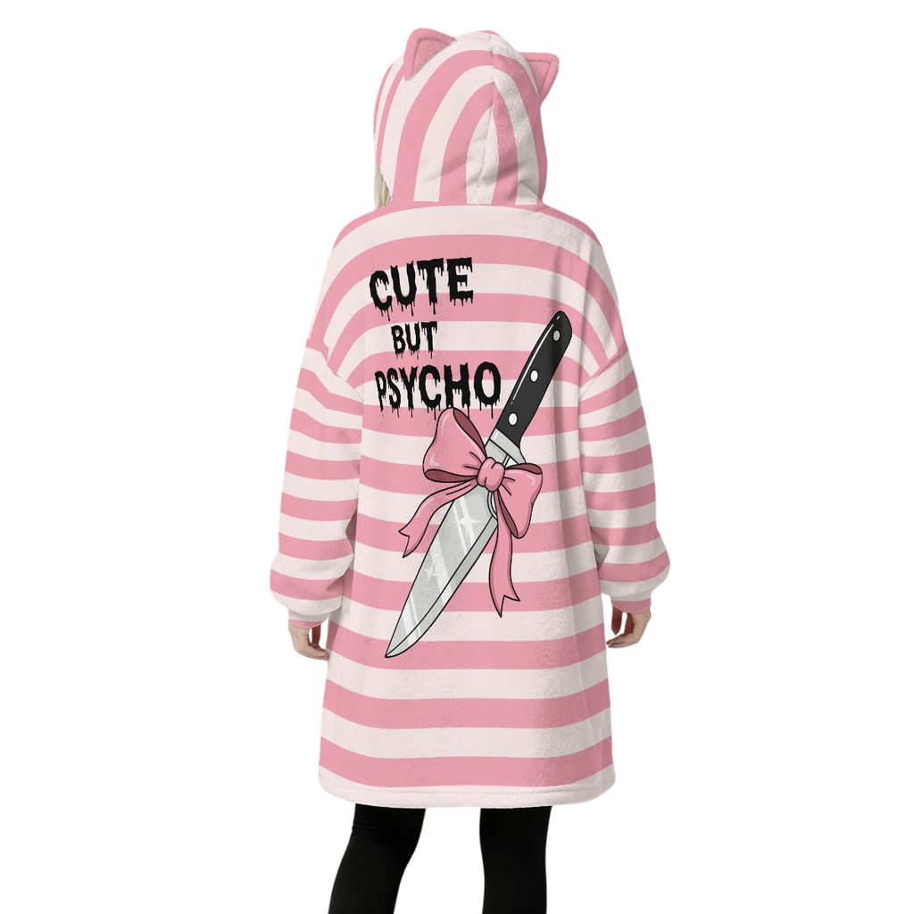 Cute Psycho Fleece Ears Hoodie Blanket
