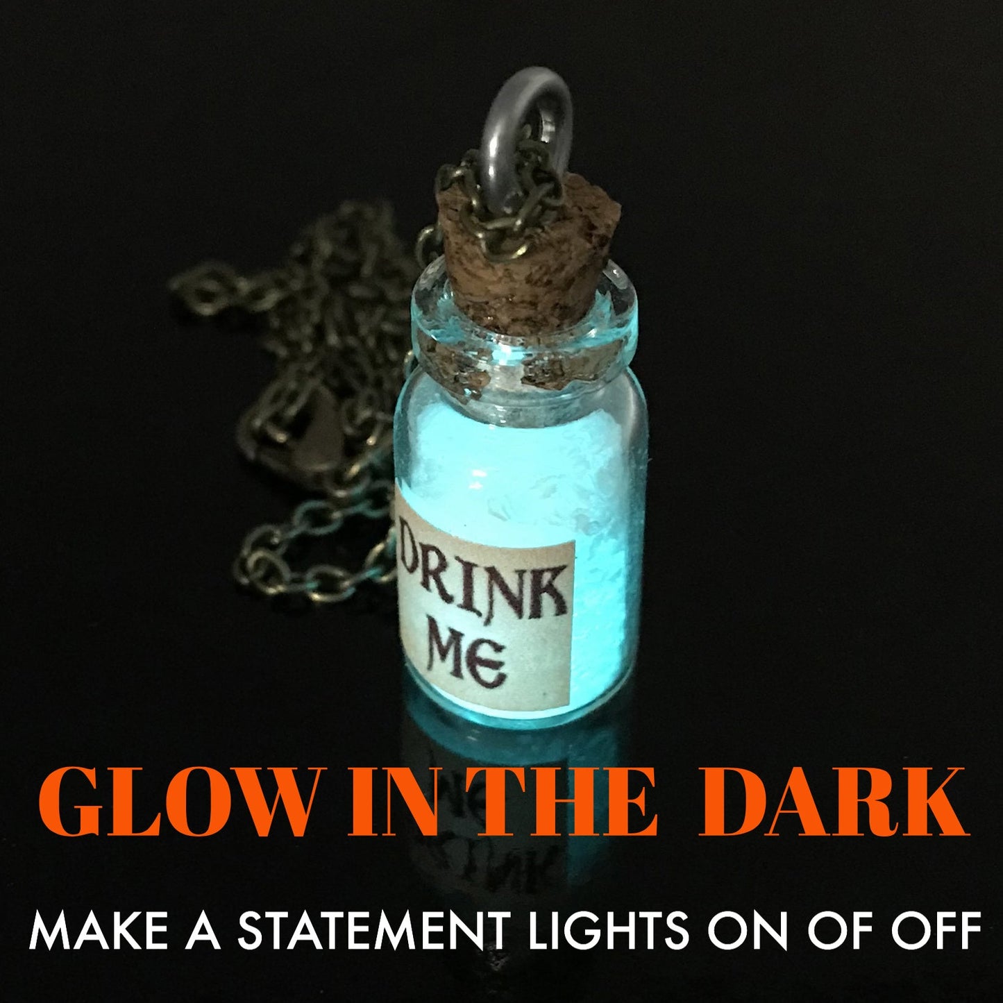Drink Me Bottle Necklace Glass Vial Fantasy Jewelry Aqua Blue Rusty Glow in the Dark