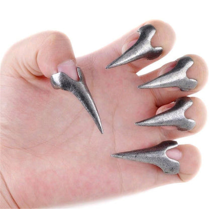 Hand showing a dark silver claw ring set with dramatic spikes, perfect for gothic fashion and cosplay.
