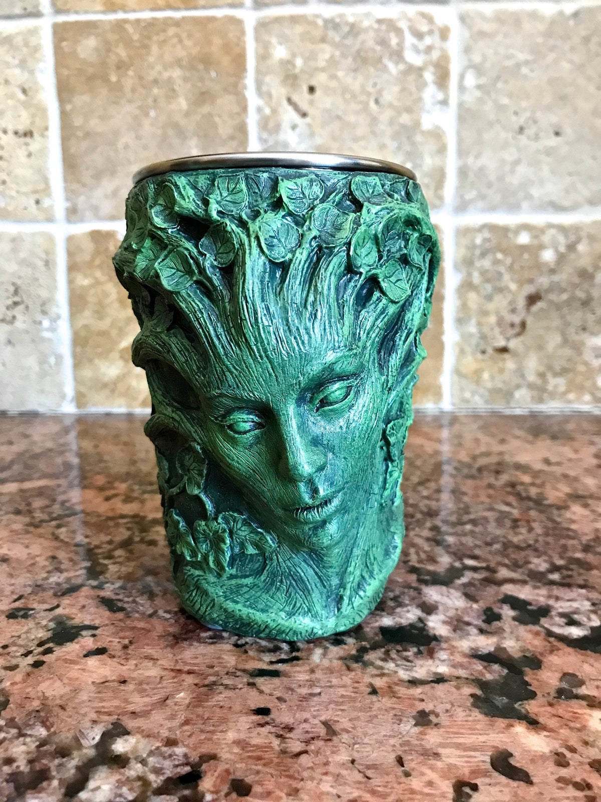 Dryad Mug, Green Hand Sculpted Resin I Stainless Steel Liner