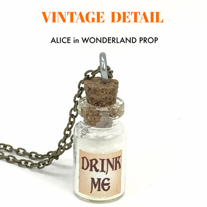 Drink Me Bottle Necklace Glass Vial Fantasy Jewelry Aqua Blue Rusty Glow in the Dark
