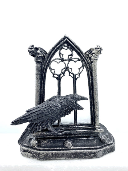 Raven and Window Tea Light, Hand Painted Resin Sculpture