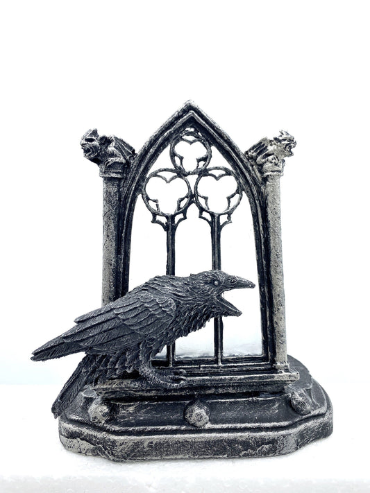 Raven and Window Tea Light, Hand Painted Resin Sculpture