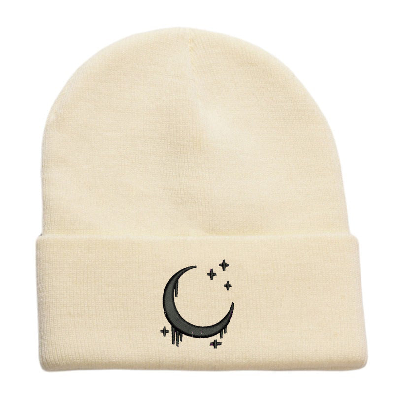 Embroidered Moon & Stars Knit Beanie Hat - Shadow Threadz Crypt
