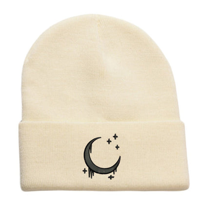 Embroidered Moon & Stars Knit Beanie Hat - Shadow Threadz Crypt