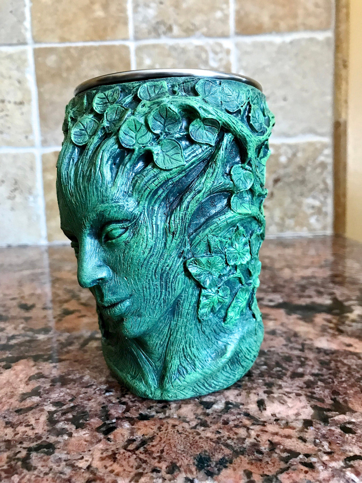 Dryad Mug, Green Hand Sculpted Resin I Stainless Steel Liner