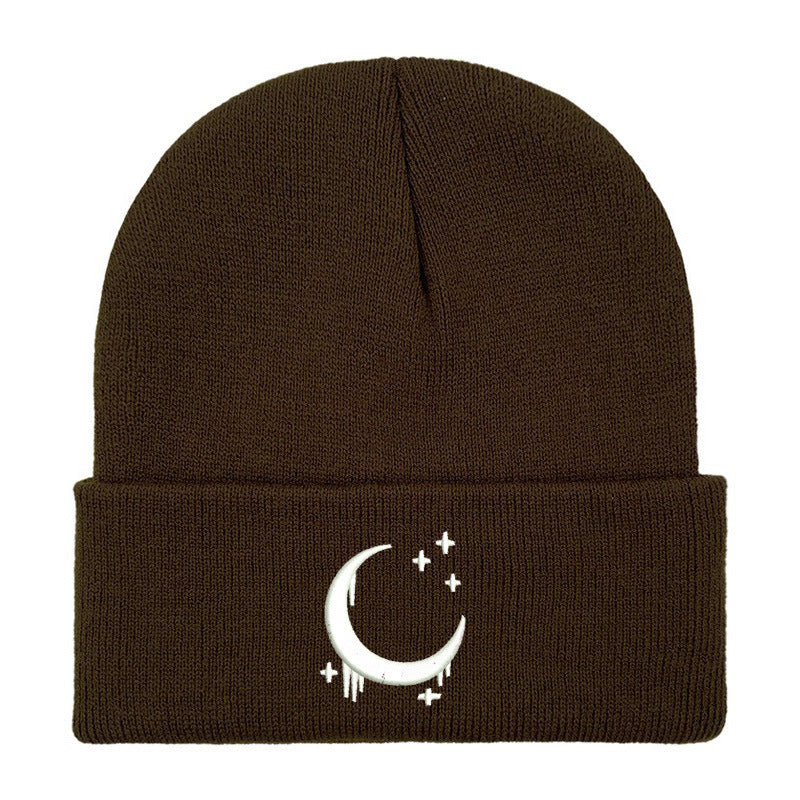 Embroidered Moon & Stars Knit Beanie Hat - Shadow Threadz Crypt
