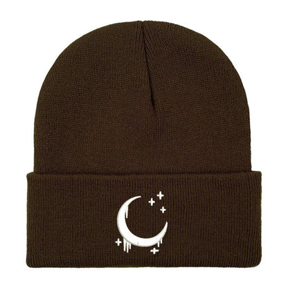 Embroidered Moon & Stars Knit Beanie Hat - Shadow Threadz Crypt