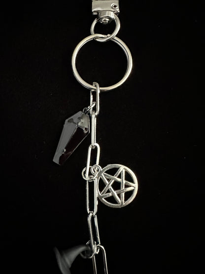 Spooky Horror Bag Charm Keychain – Silver & Black Coffin, Pentacle, Witch Hat & Skeleton Charm