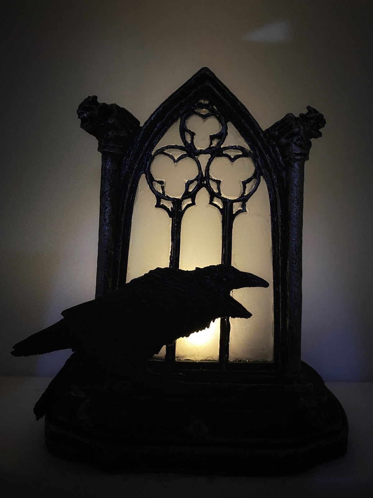 Raven and Window Tea Light, Hand Painted Resin Sculpture