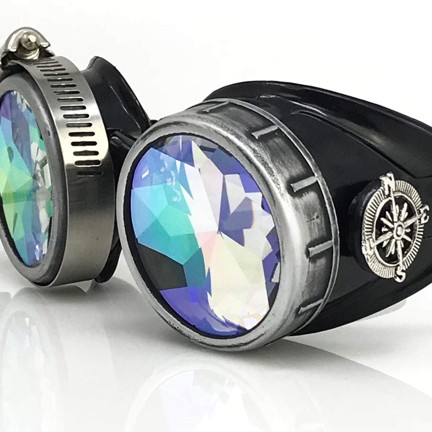 Handmade Steampunk Silver Goggles with Loupes - blue, red, green, clear, purple, black lenses