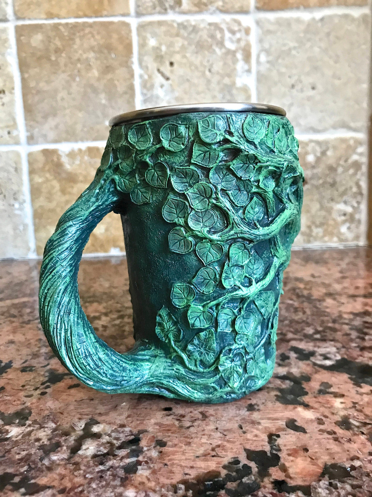 Dryad Mug, Green Hand Sculpted Resin I Stainless Steel Liner