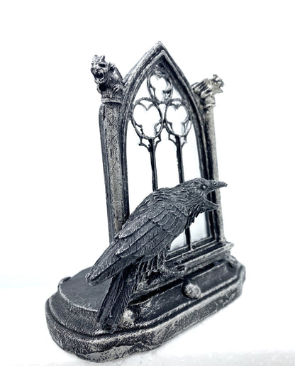 Raven and Window Tea Light, Hand Painted Resin Sculpture
