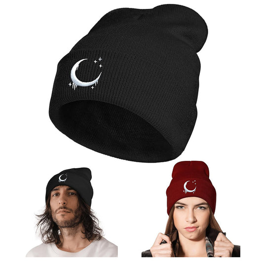 Embroidered Moon & Stars Knit Beanie Hat - Shadow Threadz Crypt