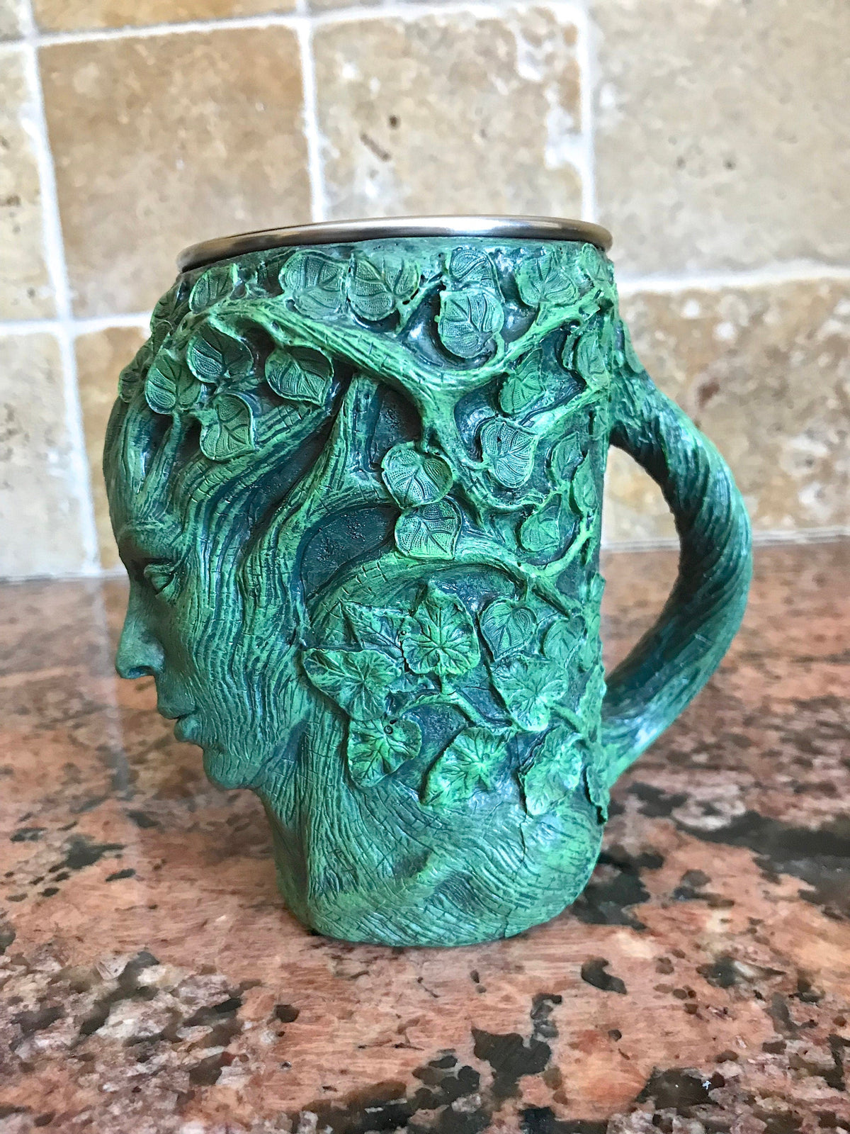 Dryad Mug, Green Hand Sculpted Resin I Stainless Steel Liner