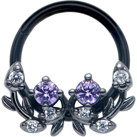 16G 3/8 Purple Gem Black Twining Vine Hinged Segment Ring