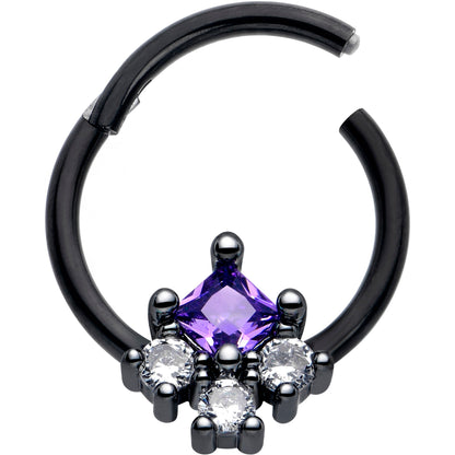 16G 3/8 Purple CZ Gem Black Rhombus Riot Hinged Segment Ring