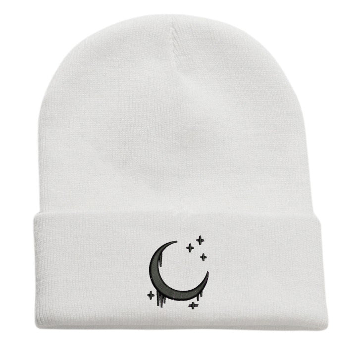 Embroidered Moon & Stars Knit Beanie Hat - Shadow Threadz Crypt