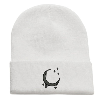 Embroidered Moon & Stars Knit Beanie Hat - Shadow Threadz Crypt