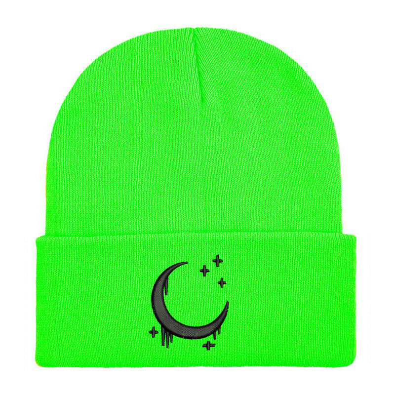 Embroidered Moon & Stars Knit Beanie Hat - Shadow Threadz Crypt